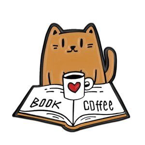 Cute Bookish Theme Enamel Pin/Brooches, "Heart, Book, Coffee."